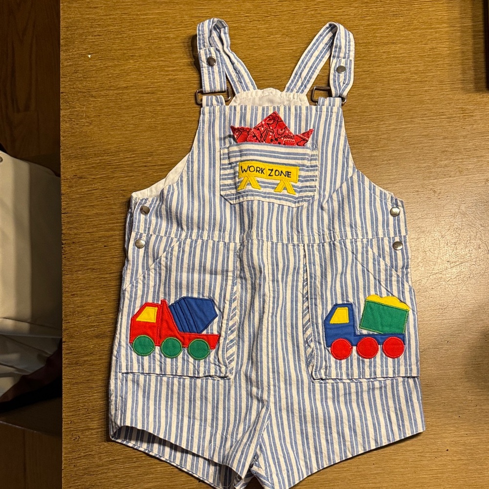 Blue & White Striped Kids Overalls with Truck Patches